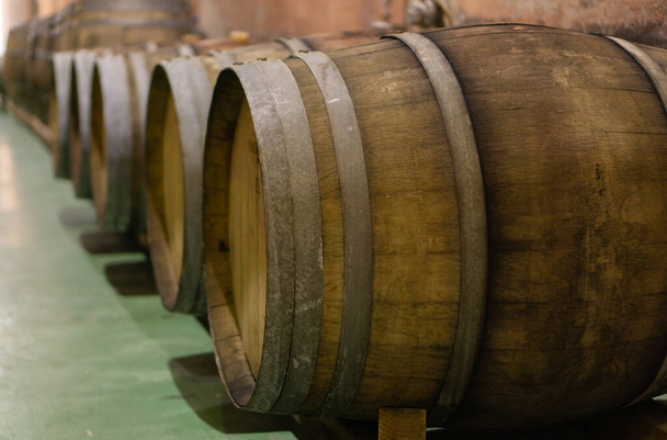 barricas de vino de madera en una prensa de vino - Foto, imagen