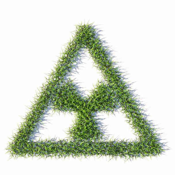 Koncepcja lub konceptualny zielony letni trawnik trawnik symbol kształt odizolowanego białego tła, ikona zagrożenia jądrowego. Ilustracja 3D metafora ostrzegania, moc atomowa, energia jonizująca, promieniowanie, zniszczenie - Zdjęcie, obraz