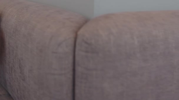 Tracciamento a sinistra della persona irriconoscibile con le mani nei guanti solo in cornice rossa proibente segno con croce bianca sul retro del divano - Filmati, video