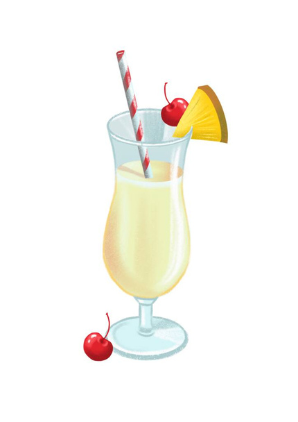 illustration of summer bright pina colada cocktail with cherry and pineapple decor - Φωτογραφία, εικόνα