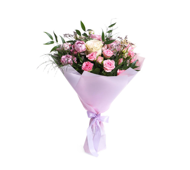 Beautiful bouquet with roses isolated on white - Φωτογραφία, εικόνα
