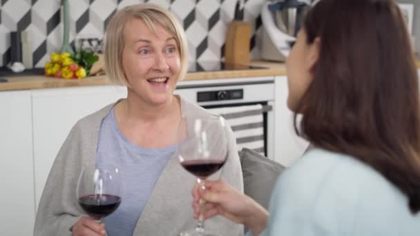 Kézi videó két generációs nőről, akik beszélgetnek és bort isznak. Lövés RED hélium kamerával 8K-ban. - Felvétel, videó