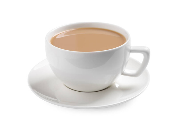 Delicious tea with milk on white background - Photo, image