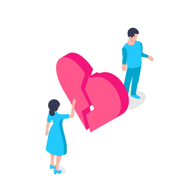 Egy férfi és egy nő egy összetört szív ellentétes oldalán áll. A sikertelen kapcsolatok, a válás fogalma. Izometrikus vektor illusztráció. Fehér alapon elszigetelve - Vektor, kép
