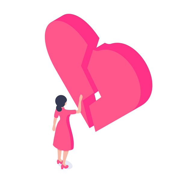 Egy lány áll egy összetört szív előtt. a sikertelen kapcsolatok, a válás fogalma. Izometrikus vektor illusztráció. Fehér alapon elszigetelve - Vektor, kép