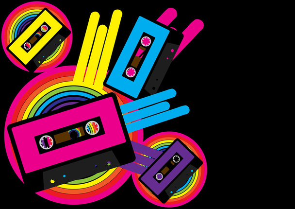 Retro Party Background - Audio Casette Tape and Multicolor Shapes on Black Background - Вектор,изображение