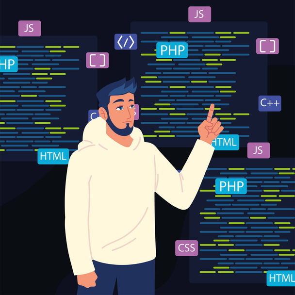 hombre y códigos html - Vector, imagen