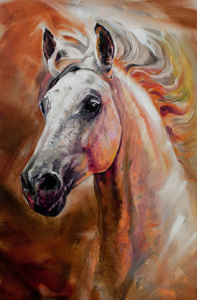 Cabeza de caballo retrato animal pintura original óleo sobre lienzo arte hecho a mano - Foto, Imagen