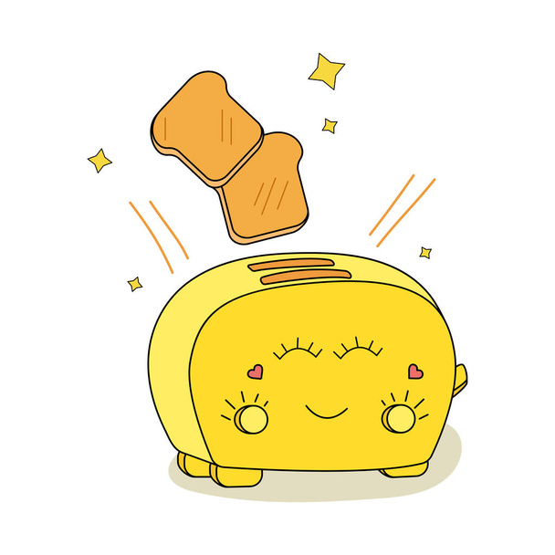 Cute yellow kawaii toaster, smiley with eyes, cartoon character. Icon, stamp, menu item. Vector illustration isolated on white background. - Vector, Image