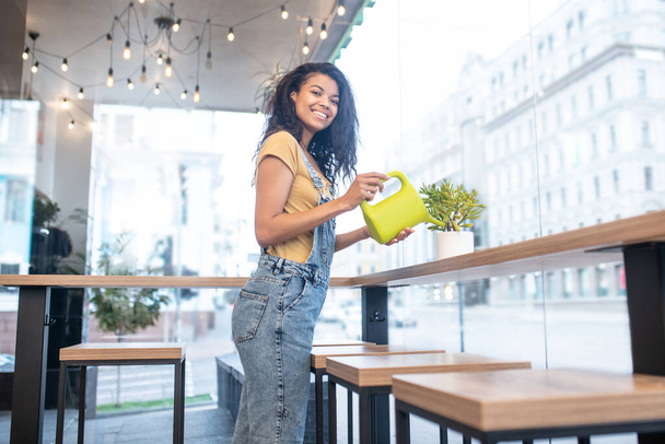 Cheerful young mulatto woman watering flowerpot in cafe - Foto, immagini