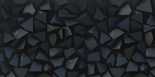 3d иллюстрация. Черные треугольники на черном фоне. Абстрактно низкий полюсный фон из треугольников черного цвета. Фон многоугольных фигур, низкополюсные треугольники мозаика, черный кристаллы фон, рендеринг - Фото, изображение