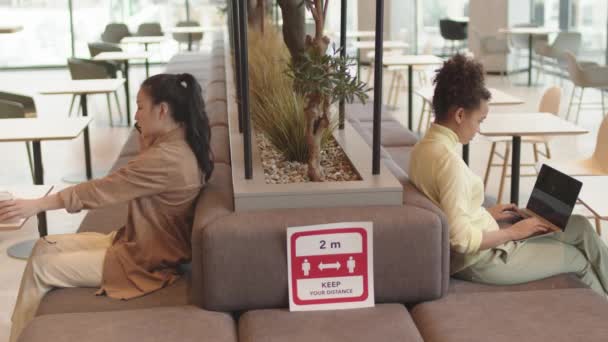 Vue latérale moyenne et longue de la jeune femme asiatique parlant au téléphone, cliente mixte utilisant un ordinateur portable, assise sur le canapé dans le restaurant, signez avec l'inscription Keep Your Distance entre eux sur le canapé - Séquence, vidéo