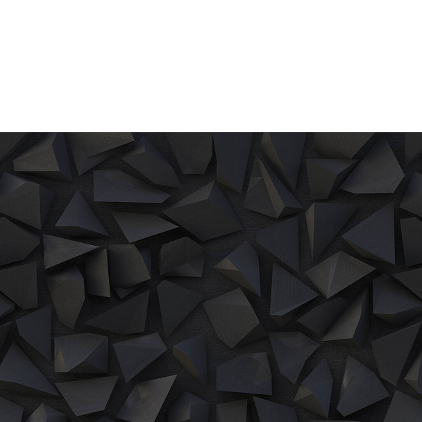 3d εικόνα. Μαύρα τρίγωνα σε μαύρο φόντο. Αφηρημένο χαμηλό πολυ υπόβαθρο από τρίγωνα σε μαύρο χρώμα. Πολυγωνικό φόντο σχημάτων, χαμηλό πολυ μωσαϊκό τριγώνων, μαύρο φόντο κρυστάλλων, καθιστούν - Φωτογραφία, εικόνα