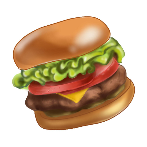 Appetizing burger. Fast food illustration. Collection of snacks. Tasty food. Illustration for menu, postcard, business card, background, wrapping paper. - Photo, Image