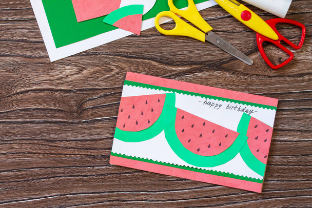 Summer birthday card with watermelons with birthday greetings. Handmade. Childrens creativity project, crafts for kids. Copy space. - Foto, Imagen