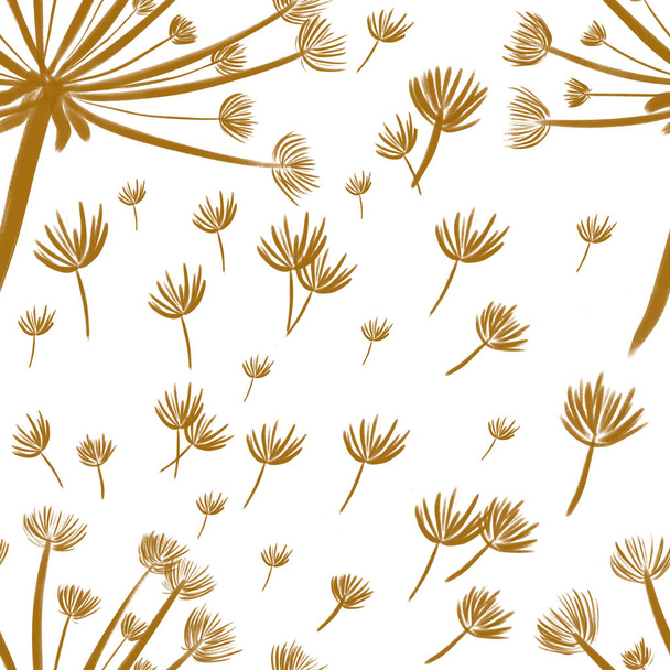 seamless pattern with hand-drawn yellow dandelions on white background. packaging, wallpaper, textile, kitchen, utensil, fashion design - Photo, Image