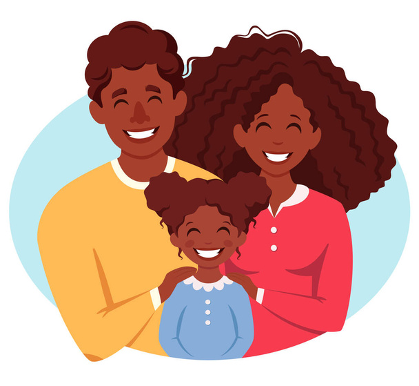 Schwarze Familie mit Tochter. Eltern umarmen Kind. Internationaler Tag der Familien. Vektorillustration - Vektor, Bild