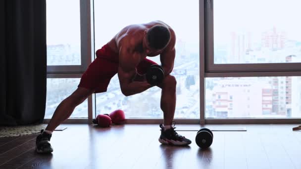 Treinamento esportivo em estúdio com janelas panorâmicas - homem musculoso sem camisa bombeando seus bíceps com um halteres - Filmagem, Vídeo