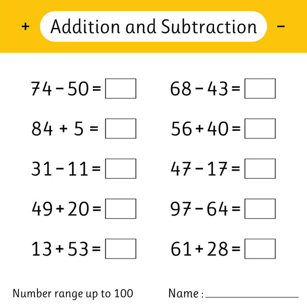 Addition and Subtraction. Number range up to 100. Math worksheet for kids. Developing numeracy skills. Solve examples. Mathematics. Vector illustration - Vector, Image