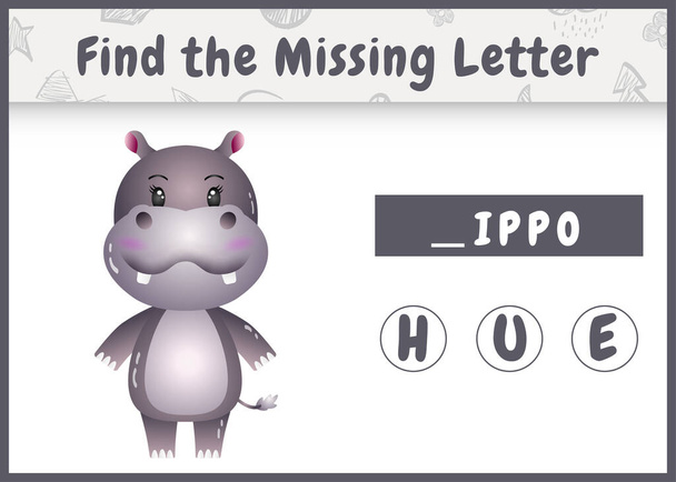 Rechtschreibspiel für Kinder findet fehlenden Buchstaben mit einem niedlichen Nilpferd - Vektor, Bild