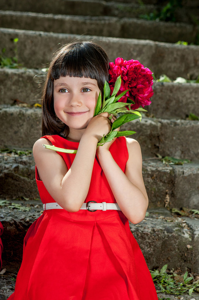 Charming little girl in a red dress - Фото, зображення