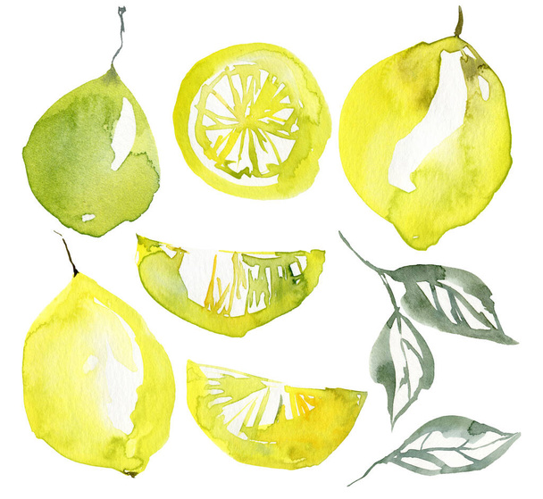 Υδατογραφία αφηρημένη σειρά από ώριμα λεμόνια και φύλλα. Χέρι βαμμένα φρέσκα φρούτα που απομονώνονται σε λευκό φόντο. Νόστιμη απεικόνιση τροφίμων για το σχεδιασμό, την εκτύπωση, το ύφασμα ή το φόντο. - Φωτογραφία, εικόνα