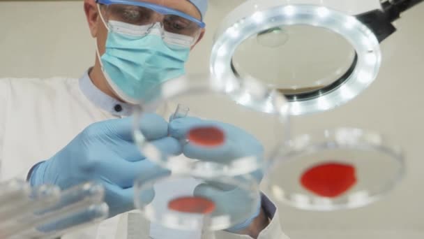 Wissenschaftler in medizinischer Maske sitzt vor einem Mikroskop - Filmmaterial, Video