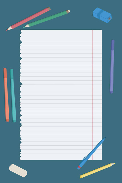 鉛筆、マーカーで影と現実的なブランクライン紙シートと青の背景にそれの周りにペン。ノートブックから削除された行のページ。教育学校のデザインテンプレート。ベクターイラスト - ベクター画像