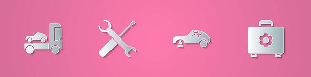 Set paper cut Car transporter truck, Screwdriver and wrench spanner, Broken car and Toolbox icon. Paper art style. Vector - Vector, Image