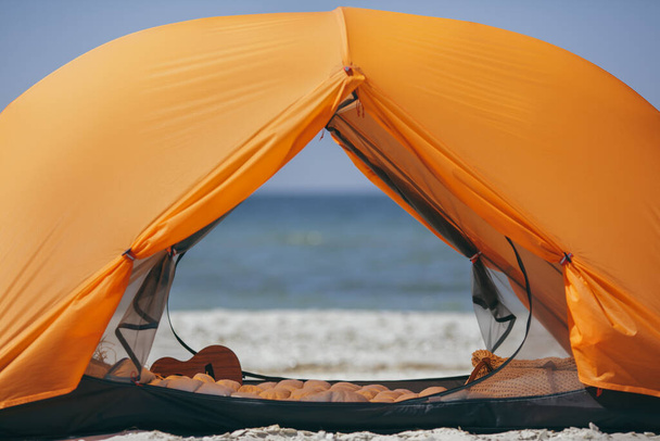Tourist Tent on Sea Beach - Fotoğraf, Görsel