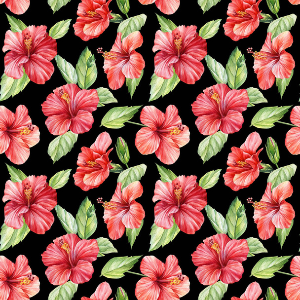 Aquarel hibiscus. Tropische bloemen op een geïsoleerde achtergrond Naadloos patroon - Foto, afbeelding