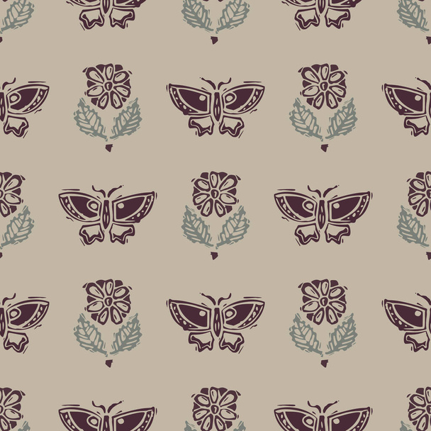 Handmade carved block print butterfly seamless pattern. Rustic naive folk silhouette illustration background. Modern scandi style decorative. Ethnic textiles, primitive fashion all over design.  - ベクター画像