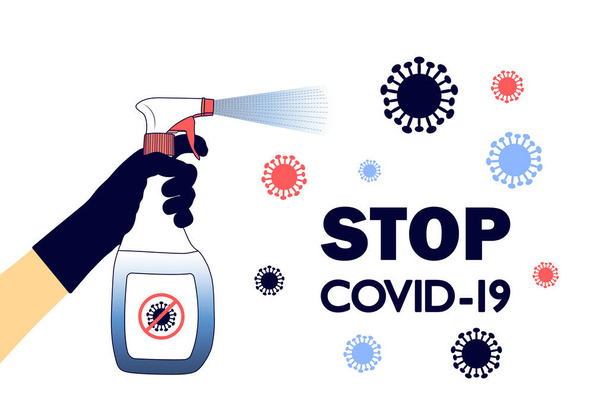 Covid-19 -テキストを停止します。COVID-19, Novel coronavirus, 2019-nCOV,スプレーで殺されるウイルス,消毒液.ep10のベクトルストックイラスト. - ベクター画像