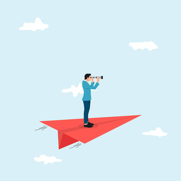 Business concept of vision. Conceptual with businessman on a red paper plane with a telescope .Symbol of the leader man, success, ambition, leadership, future.Vector illustration. - Vector, Image