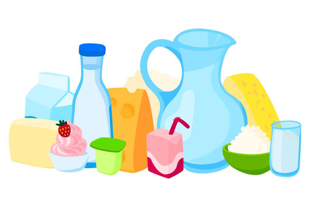 Set dairy product slice cheese, plate yogurt, jug milk and dessert ice cream foodstuff flat vector illustration, isolated on white. - Διάνυσμα, εικόνα