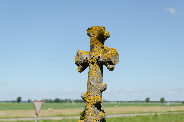 old antique mossy metallic cemetery cross  - Photo, Image