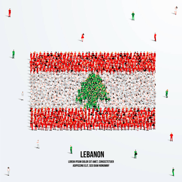 Lübnan Bayrağı. Lübnan bayrağının şeklini yaratmak için büyük bir grup insan oluşturur. Vektör İllüstrasyonu. - Vektör, Görsel