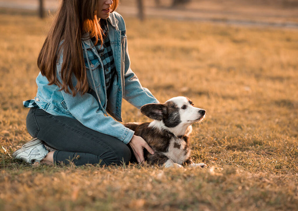 Boldog Corgi kutya tulajdonossal Képzés a nyári parkban - Fotó, kép