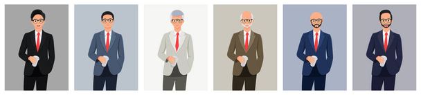 Design a businessman character with different suit colors. holding a drink cup. Happy face. Looking ahead. Vector illustration of young and old business man in a bundle set. - Vector, Image