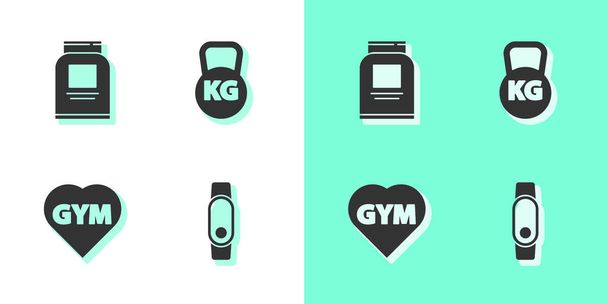 Set Smartwatch, sportvoeding, fitnessruimte hart en Kettlebell icoon. Vector - Vector, afbeelding