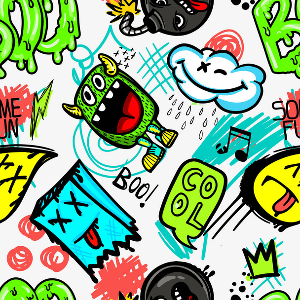 hand drawn pattern with monsters for boys. Slogans, graffiti background. For children's textiles, wrapping paper, prints - Vector, Image
