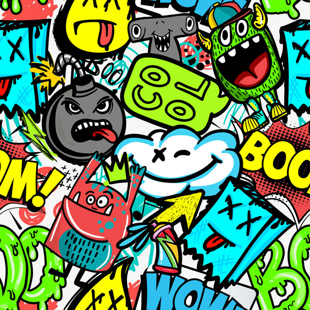 Handgezeichnetes Muster mit Monstern für Jungen. Parolen, Graffiti-Hintergrund. Für Kindertextilien, Geschenkpapier, Drucke - Vektor, Bild