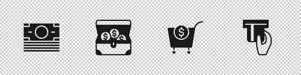 Zestaw stosy papierowe pieniądze gotówka, skrzynia skarbów, koszyk i dolar i karta kredytowa włożona ikona. Wektor - Wektor, obraz