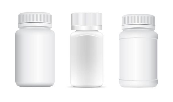 Pill tub. Supplement bottle mockup, capsule jar, small container sample 3d vector. Remedy bottle, pharmacy product with lid. Antibiotic tablet jar, remedy bottle design, matte plastic package - Vector, Image