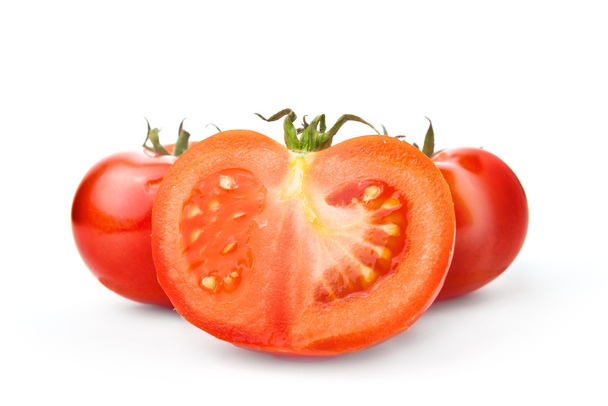 Fresh red Tomato and half slice on white background - Foto, Imagem