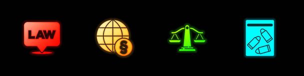 Ustaw prawo lokalizacji, Międzynarodowy, Wagi sprawiedliwości i torba z dowodami i ikona kuli. Wektor - Wektor, obraz