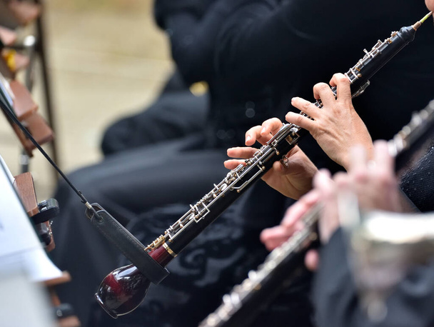 Αγγλικό κέρατο στα χέρια ενός μουσικού, κατά τη διάρκεια συναυλίας κλασικής μουσικής - Φωτογραφία, εικόνα