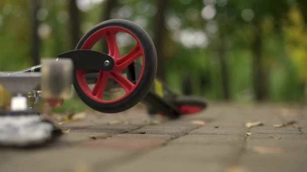 Ein Laufrad, auf dem sich das Rad langsam dreht. Herbsttag im Park, grün-gelbe Blätter. Zeitlupe. - Filmmaterial, Video