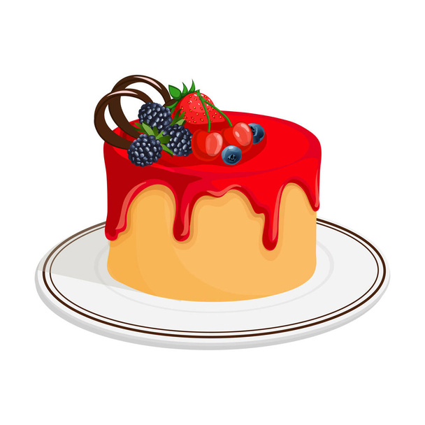 Gâteau biscuit vectoriel dessiné à la main avec glaçage rouge et baies - Vecteur, image