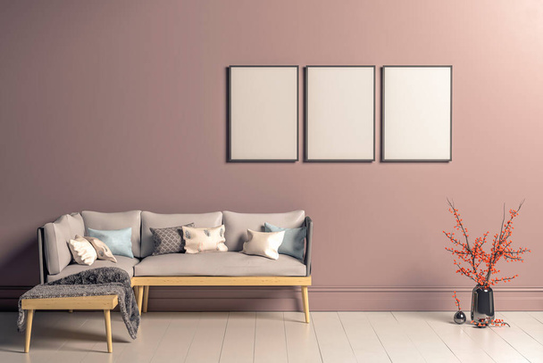 Três cartazes horizontais em branco quadro simular em estilo escandinavo sala de estar interior, moderna sala de estar interior fundo,, 3D renderização - Foto, Imagem